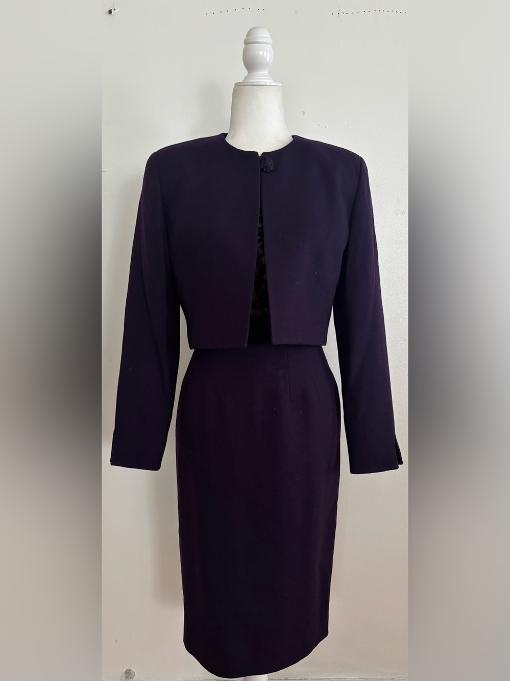 Christian Dior Purple Wool Silk 2pc Dress & Cropped Jacket Set Sheer Bodice 4